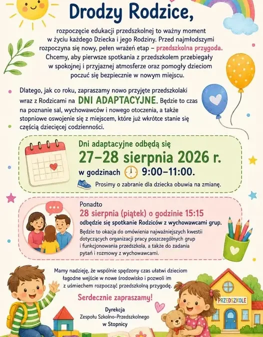 Dni adaptacyjne w przedszkolu w Stopnicy – zaproszenie dla nowych przedszkolaków