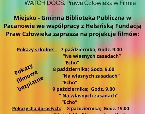 Pacanów: filmy o prawach człowieka w bibliotece – WATCH DOCS zawita do gminy