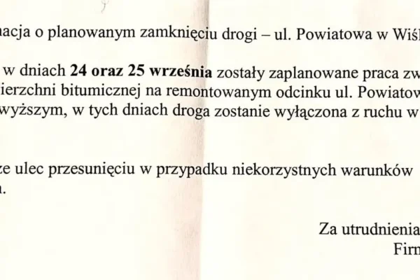 Zmiana terminu zamknięcia ul. Powiatowej w Wiślicy – prace bitumiczne przesunięte