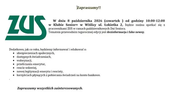 Wiślica: spotkanie z pracownikami ZUS w Klubie Senior+ już 8 października